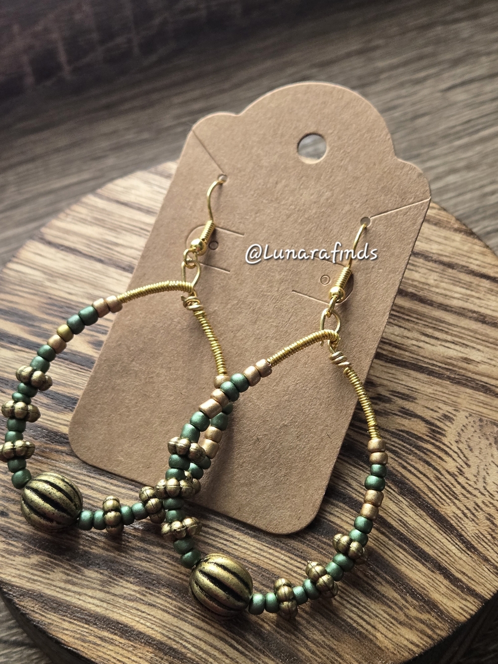 Handcrafted Green and Gold Boho Hoop Earrings